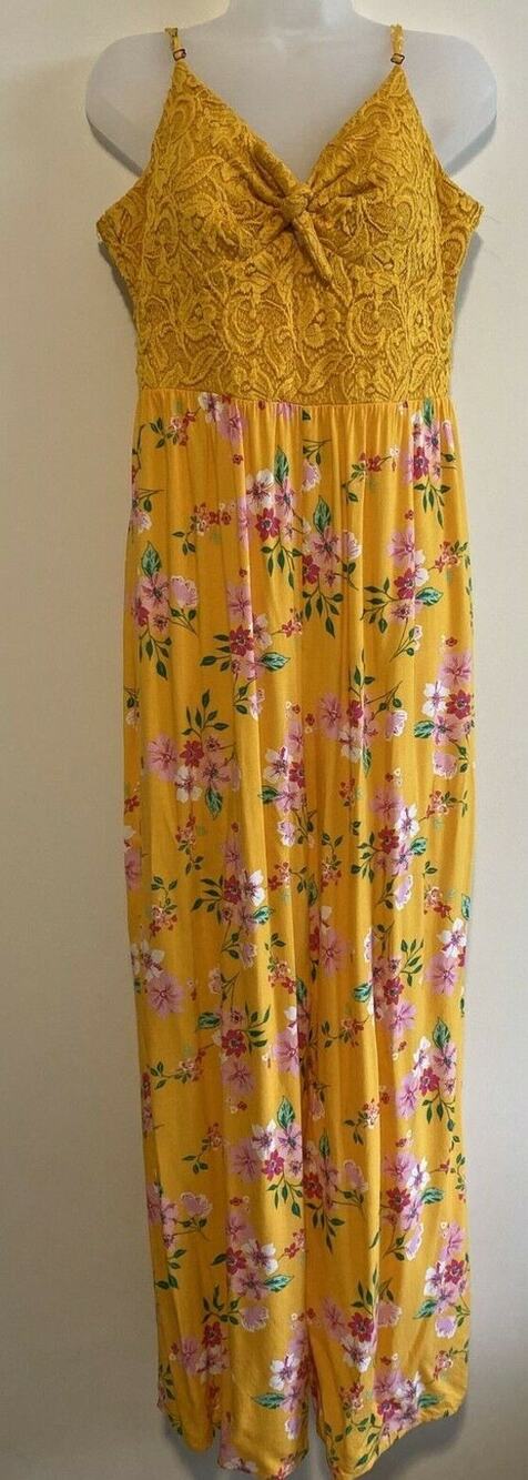No Boundaries Jumpsuit Women XXL Yellow Floral Pre-Owned Wide-Leg No Pockets